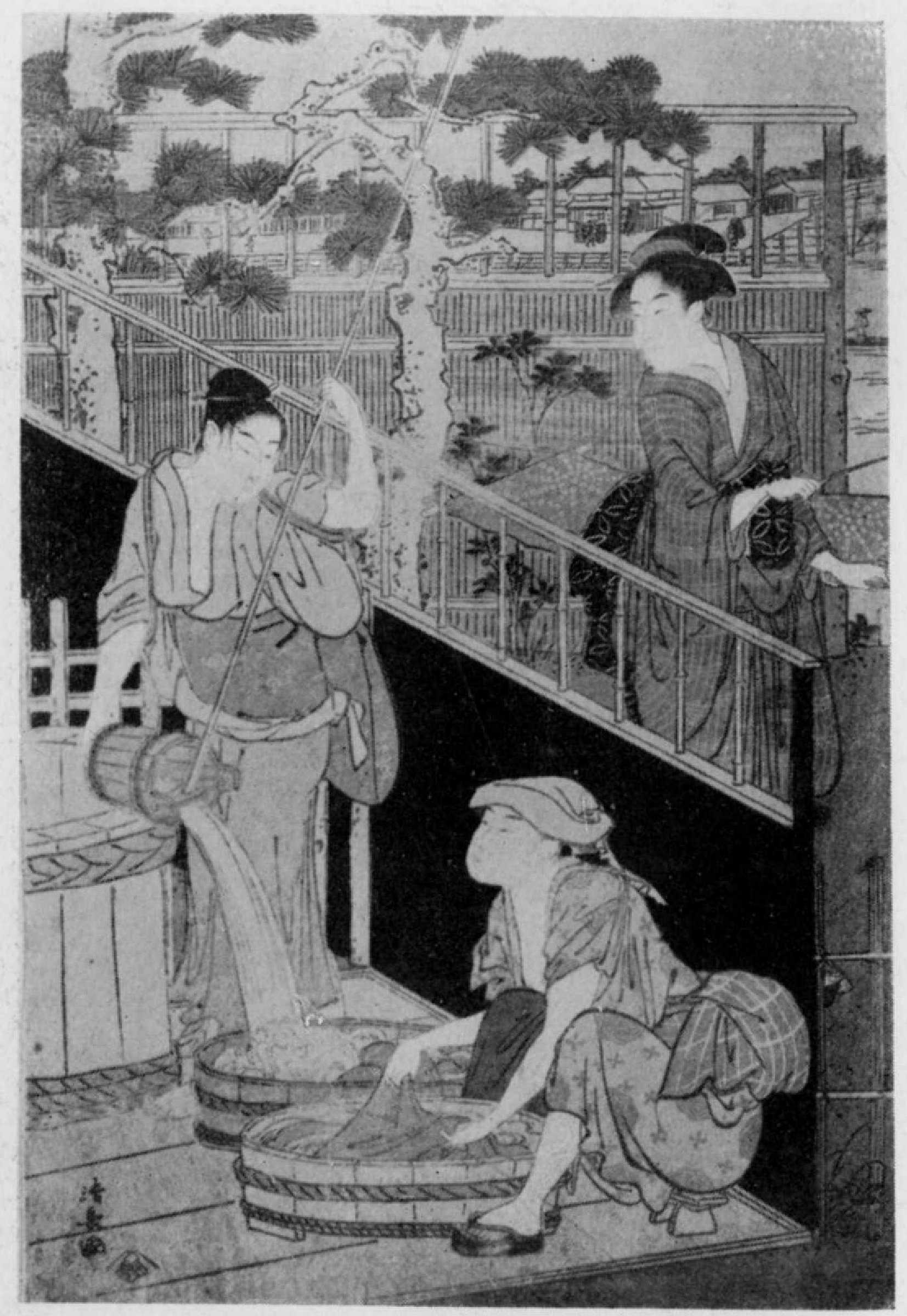 鳥居清長による浮世絵「（井戸端）」