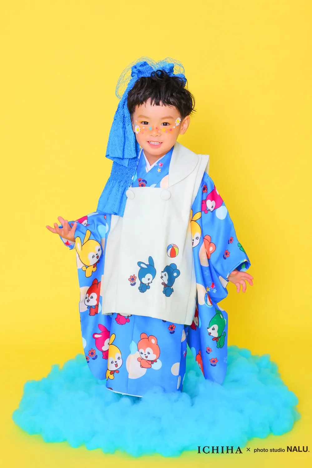 七五三レンタル着物 3歳男の子おしゃれ被布着物セット 昭和レトロ うさぎ青