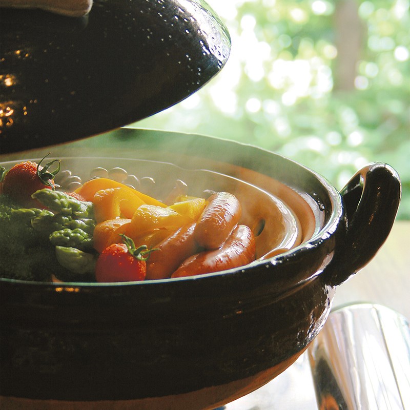 長谷園 ヘルシー蒸し鍋（黒） 大 （陶製すのこ付）(蒸し鍋（大