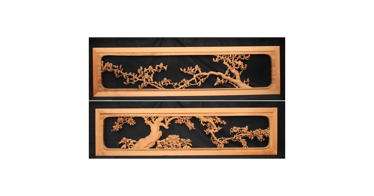 大島五雲 井波彫刻大作 桜と木蓮 2枚1組 X090Y｜骨董店 のびる 古美術