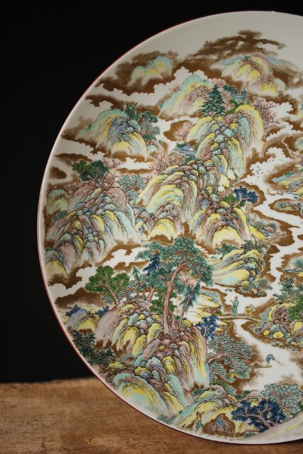 九谷 二代 上出喜山 山水楼閣図 大皿 P259｜骨董店 のびる 古美術 骨董