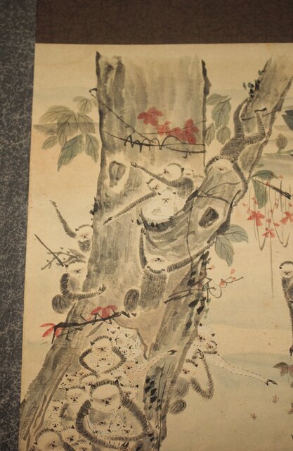 狩野探幽意 石舟筆 群猿図 紙本掛軸 Z939｜骨董店 のびる 古美術 骨董