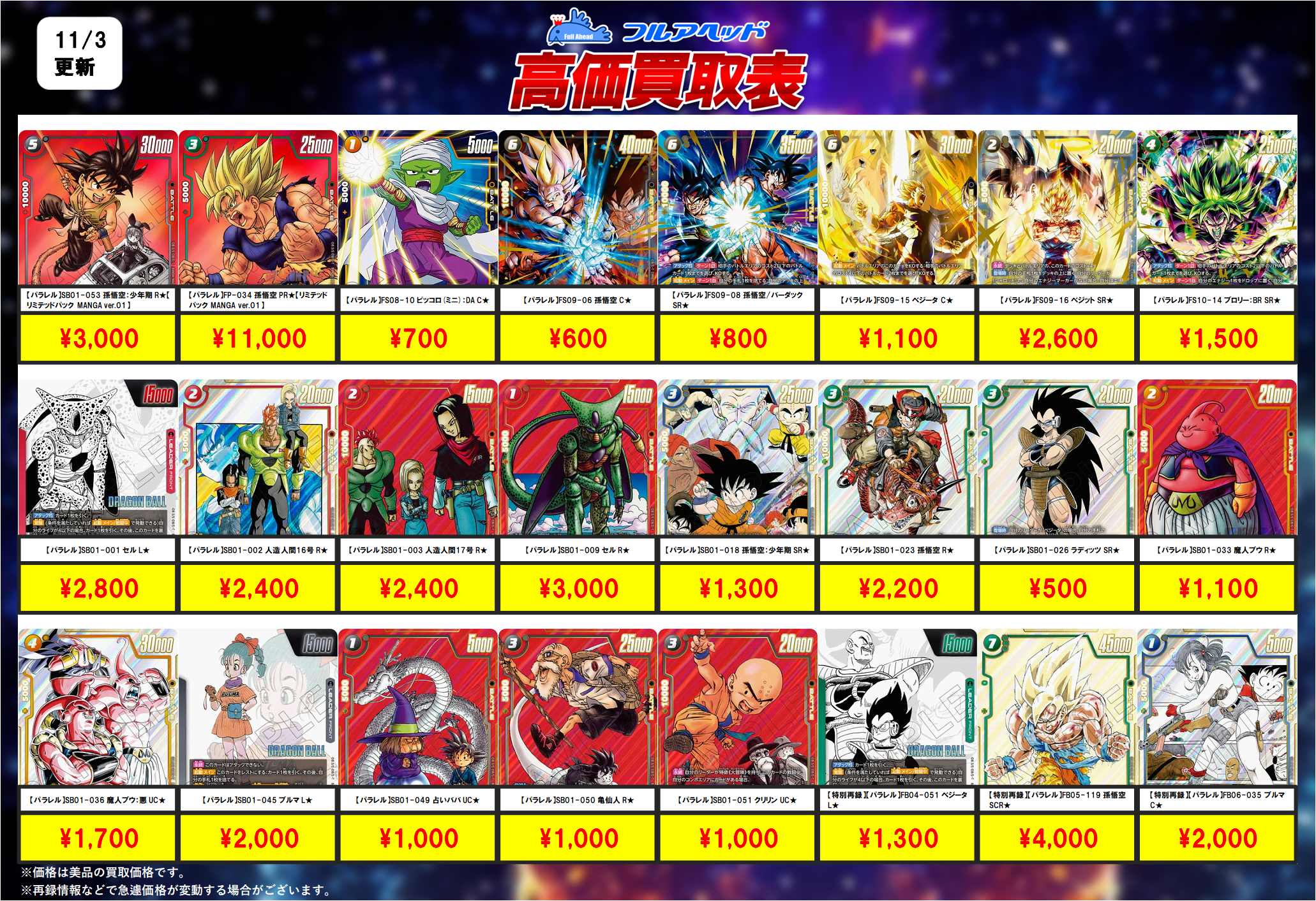 ドラゴンボールフュージョンワールド】買取表、販売価格の調整を行い