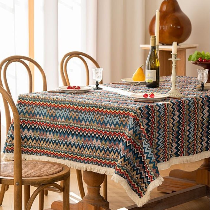 テーブルクロス 民族風ジグザグ模様フリンジ付きテーブルクロス布 布