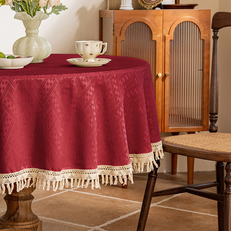 テーブルクロス 幾何学模様ジャカード織りフリンジ付き円形テーブル