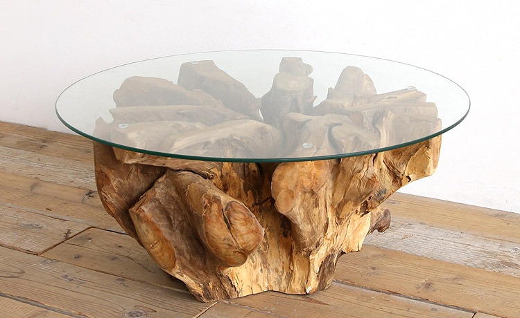 チーク×ガラス ガラステーブル ローテーブル 丸テーブル チーク古材
