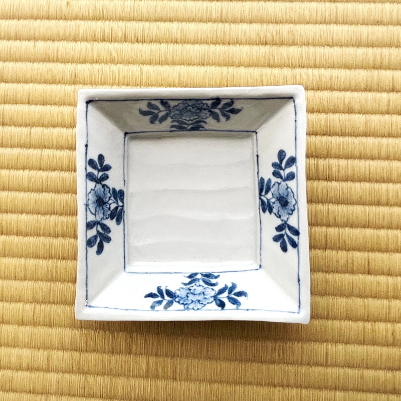 染付草花角皿 京焼清水焼 □加藤雲泉