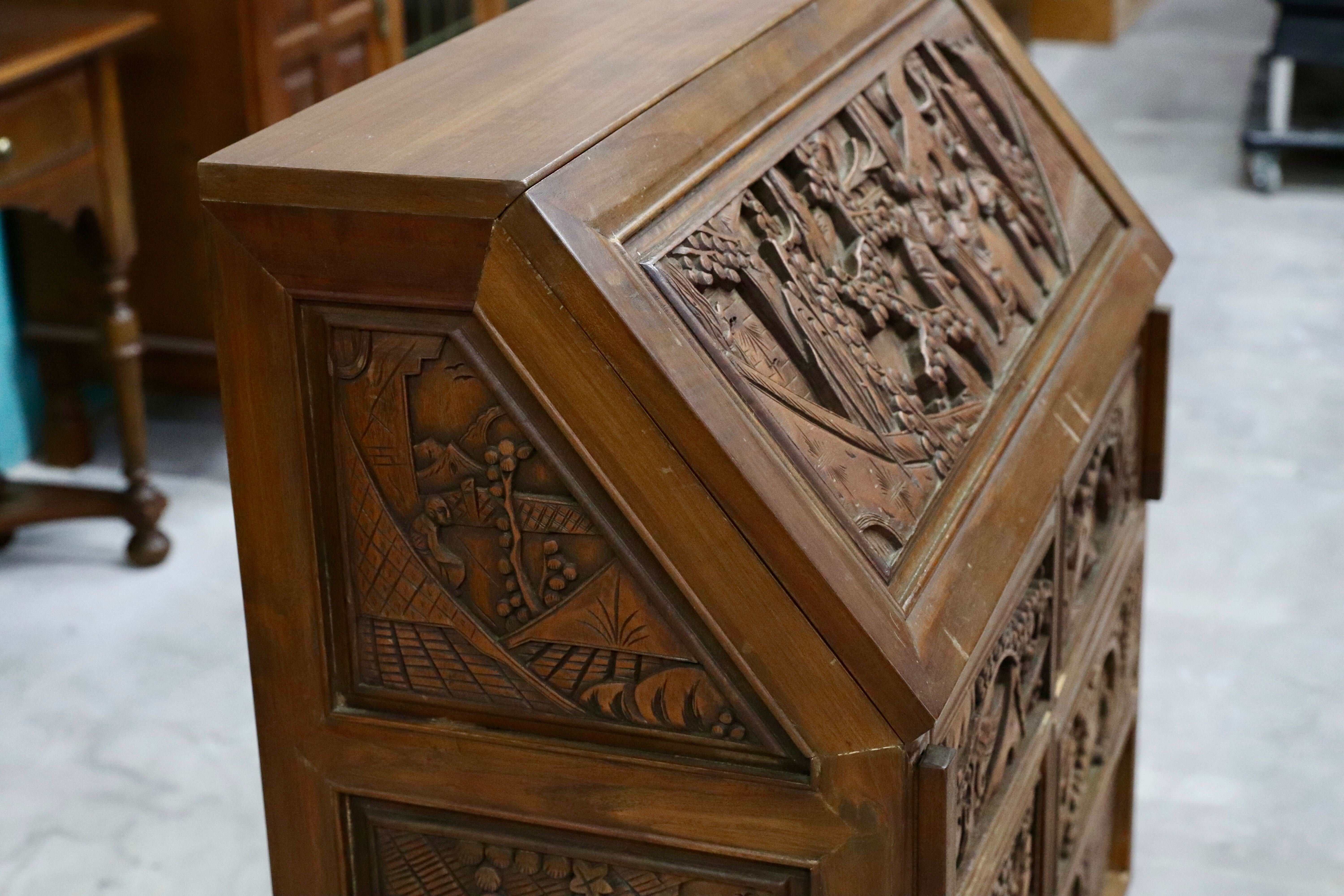 GMIH67○アジアン 民芸 アンティーク ライティングビューロー デスク