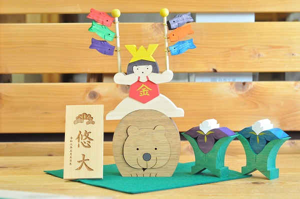 木のおもちゃ杢】 熊にまたがる金太郎 木のおもちゃHANA