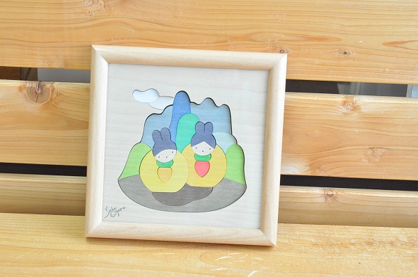 雛人形 遊プラン・小黒三郎 組み木絵 うさぎっ子びな 額入り 組み木 木