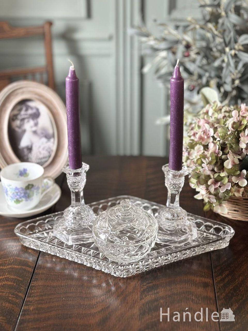 アンティークガラスのキャンドルスタンド、プレスドグラスのろうそく