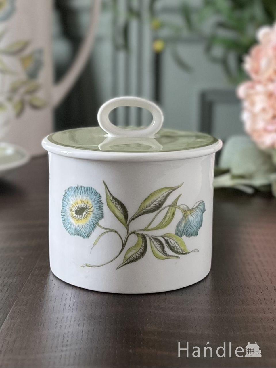 イギリスのアンティーク食器、ブルーの色がキレイな蓋付のシュガー