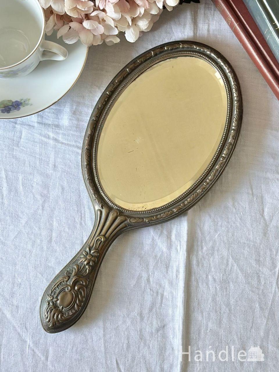 英国から届いたアンティークの手鏡、装飾が美しいハンドミラー(h-1114