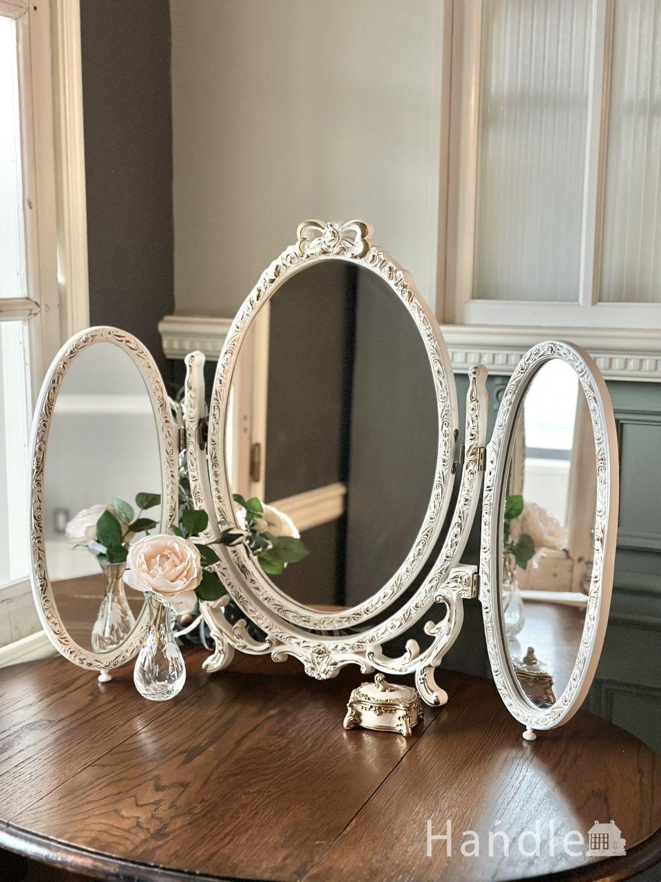 イギリスから届いた美しい置き鏡、マホガニー材のスタンドミラー(k