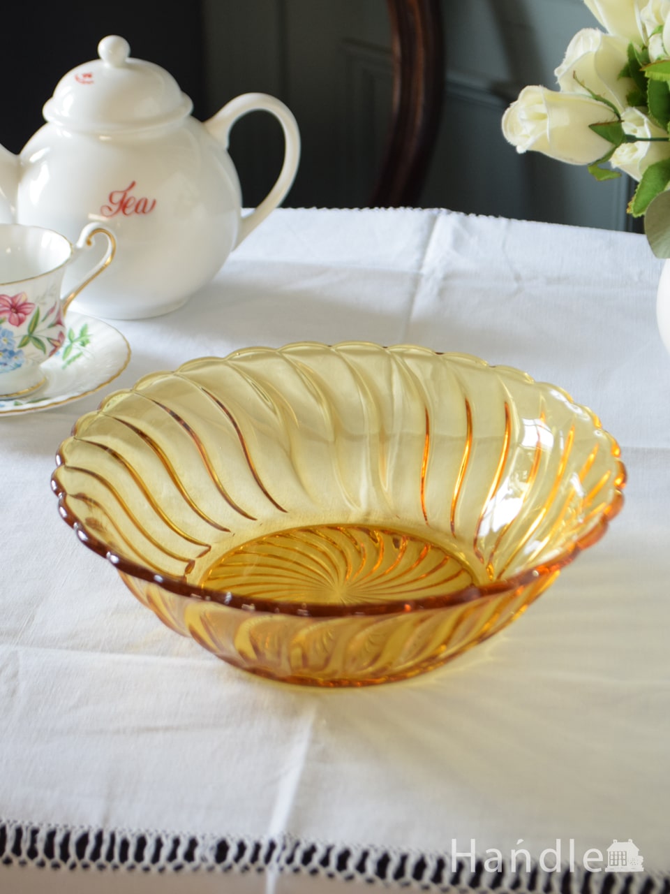 アンティークガラスの食器、アンバー色の大きなガラスのボウル(pg-6705