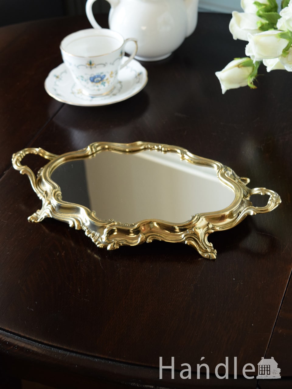 イタリアから届いた真鍮雑貨、美しい装飾の豪華なミラートレイ(n12-527