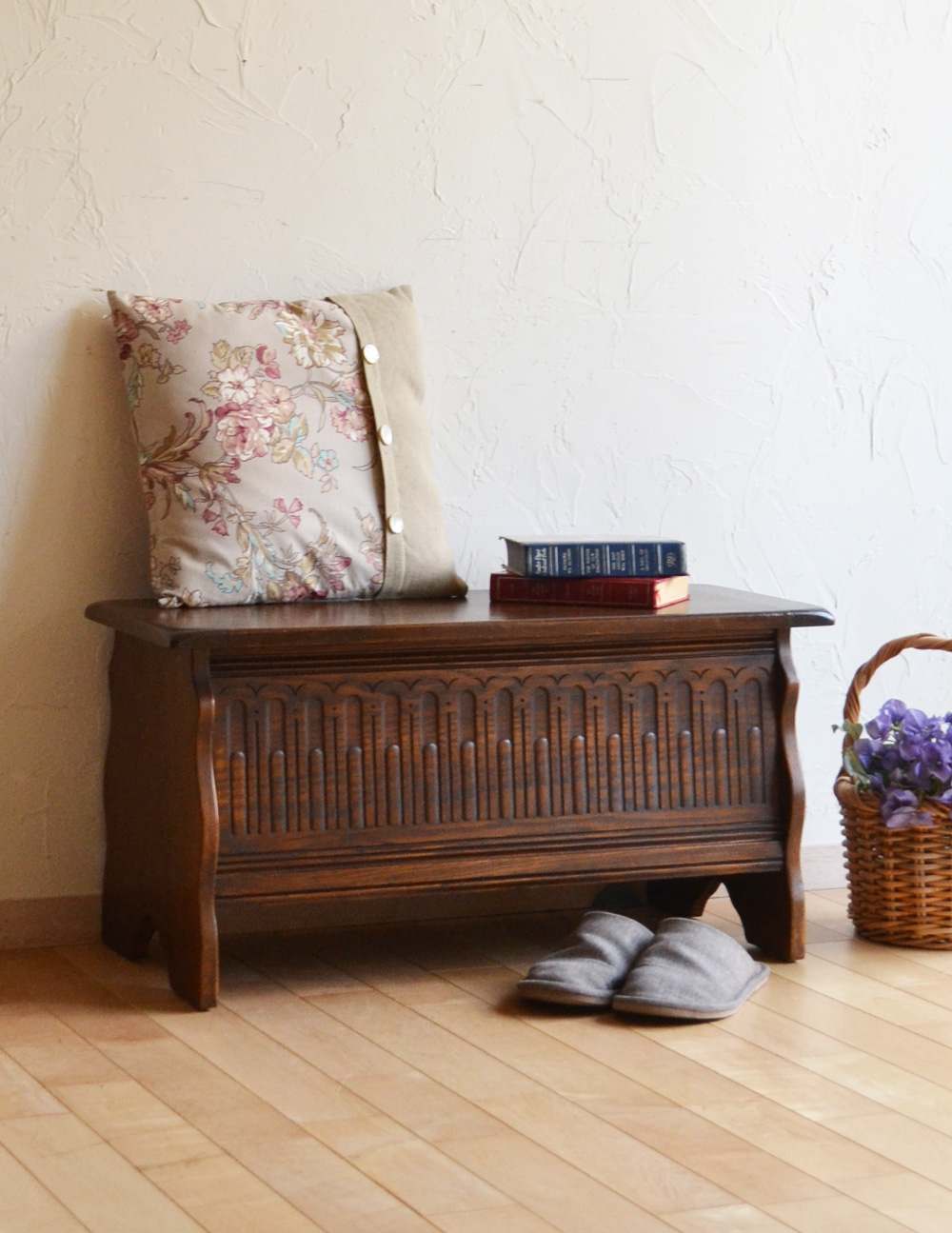 アンティークの英国家具、オーク材のコファー（ベンチ）(j-1462-f