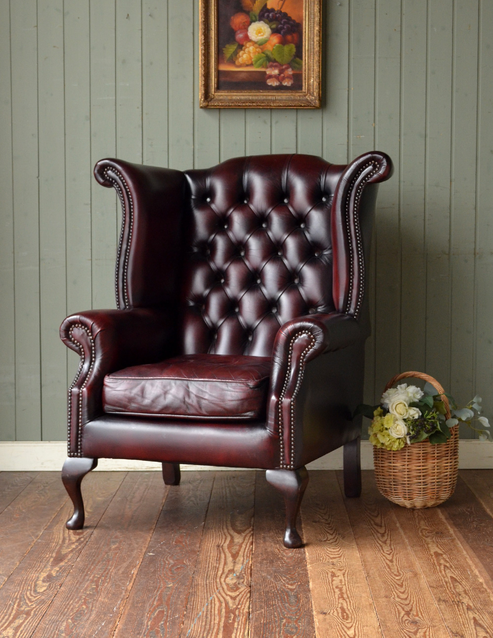 アンティークの一人掛け革張りソファ、カッコいいウィングバックチェア