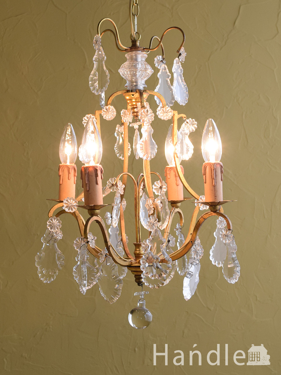 フランスから届いたアンティーク照明、ドロップガラスが美しい