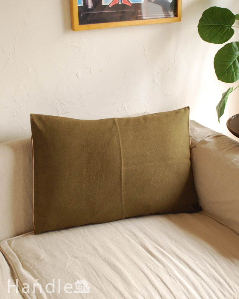 リネンのクッションカバーL(カーキ)(n10-026)｜インテリア雑貨