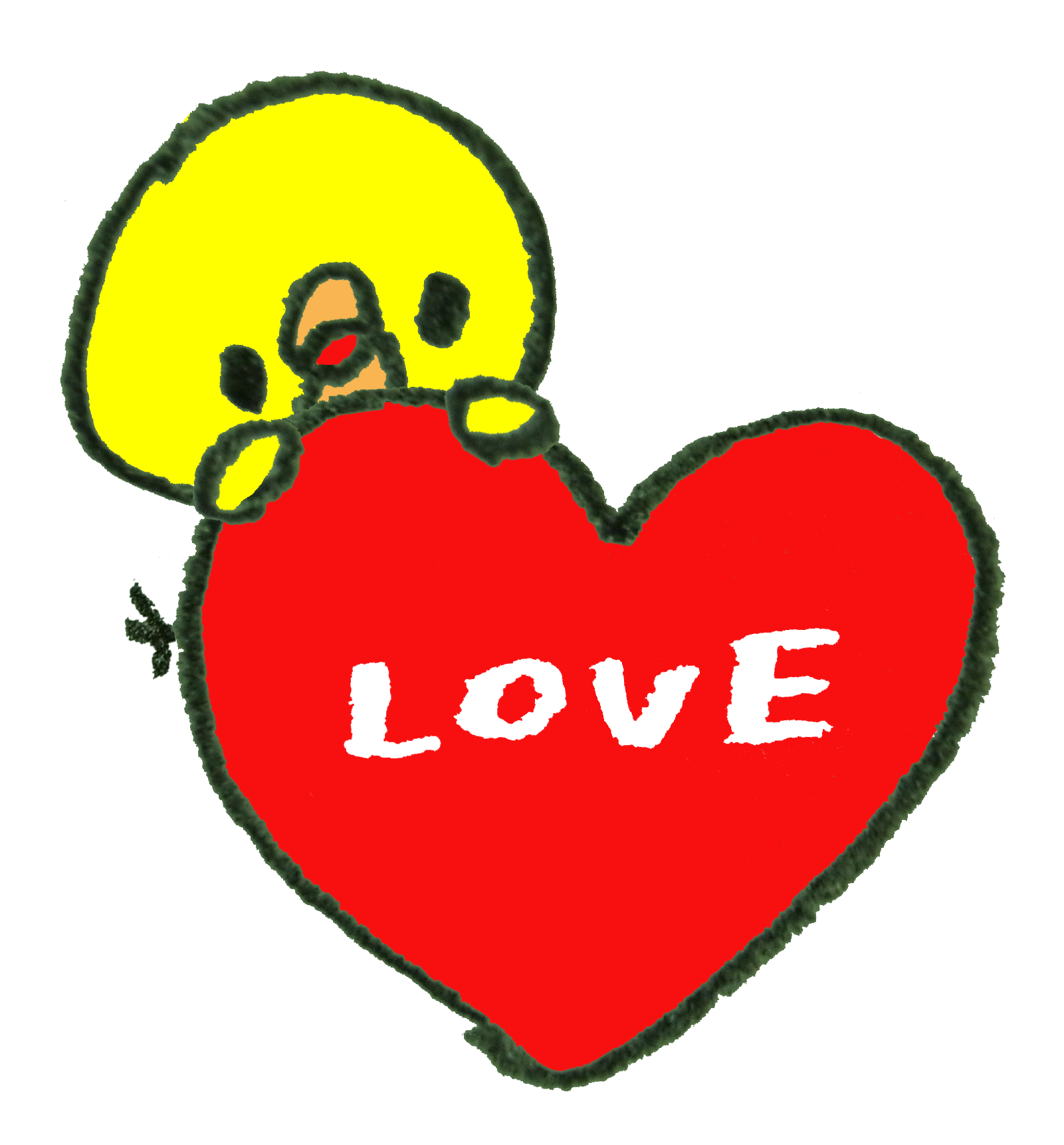 LOVE」と書かれたハートに乗るひよこのイラスト | ゆるくてかわいい