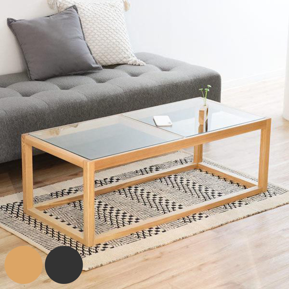 センターテーブル 幅110cm ガラステーブル ガラス天板 木製 天然木