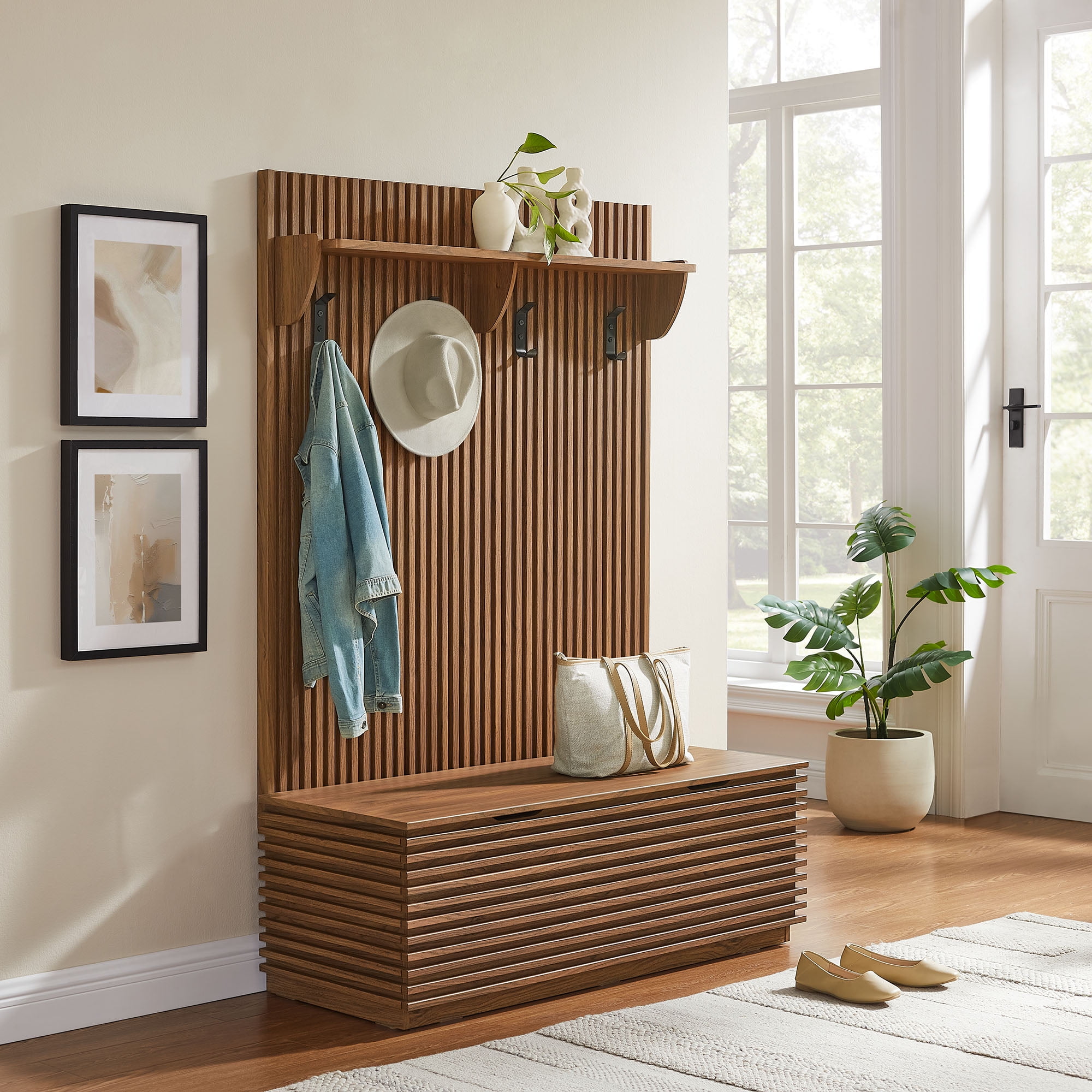 Modway Render Fluted 3-in-1 Hall Tree With Storage Bench and Coat