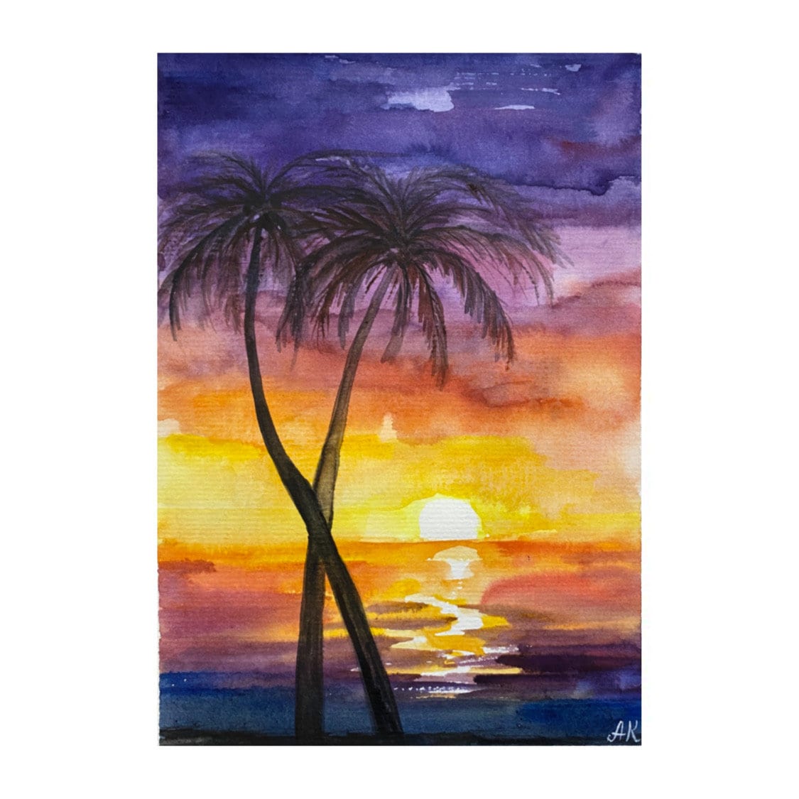 ハワイの海景水彩画：オリジナルヤシの木のビーチアート（8x6） - Etsy