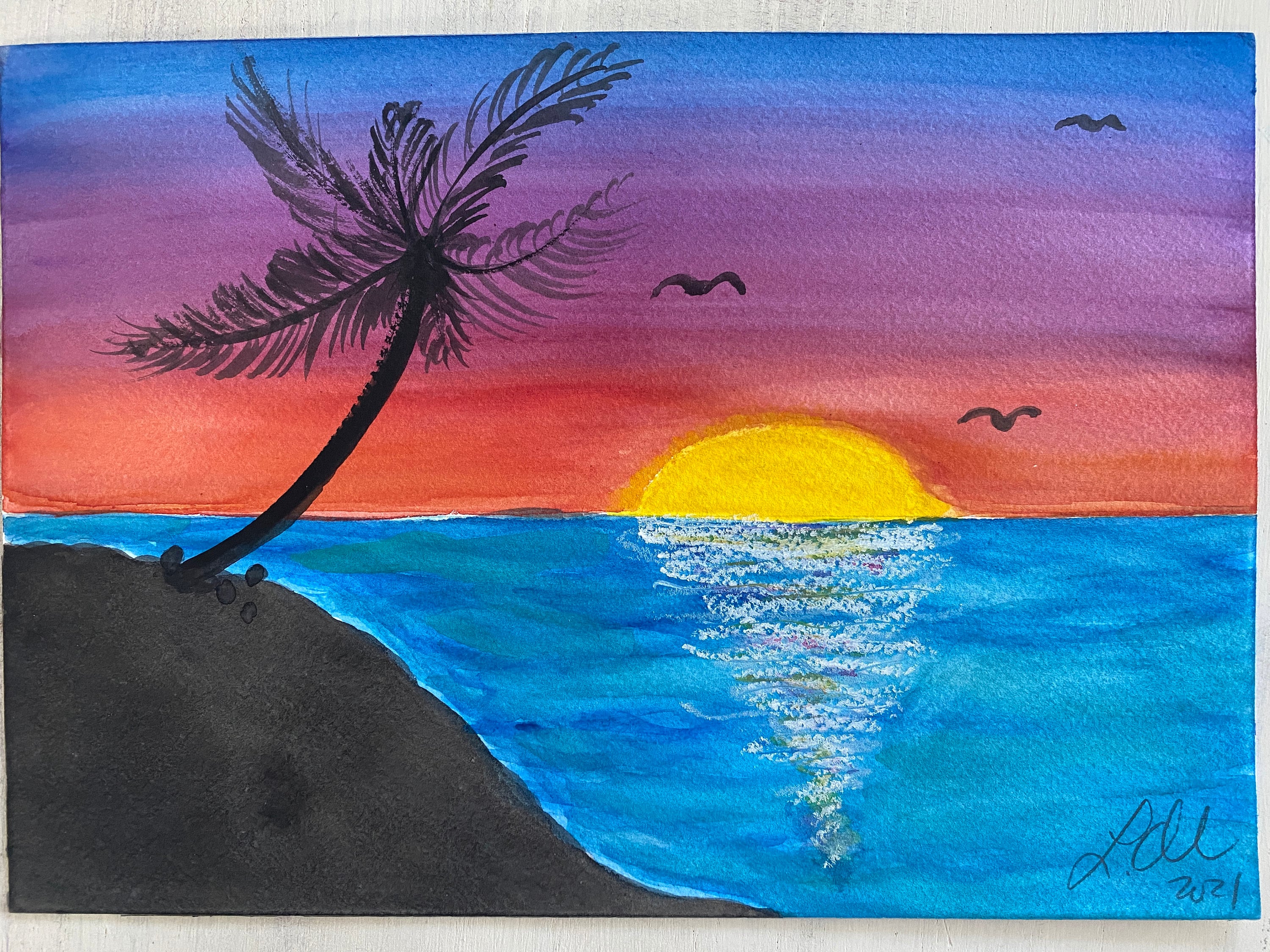 Hand-painted Original Watercolor Painting ~ Tropical Sunset