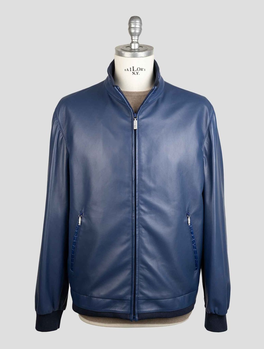 NEW ZILLI BLUE LEATHER LEATHER CROCODILE COAT US 40 - EU 50 ZCZ1