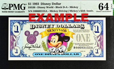 1993 $1 DISNEY DOLLAR Mickey Driving Mickey's 65th Anniv. PMG 64