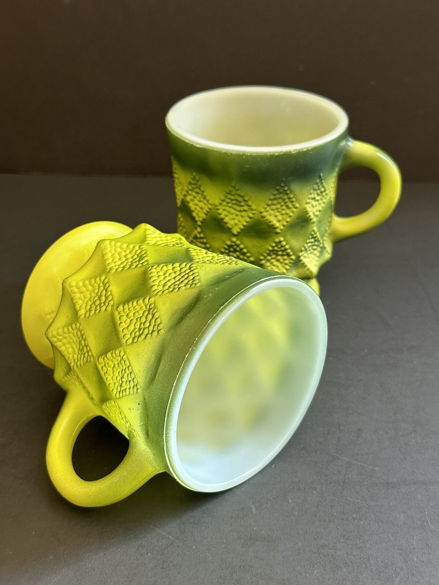 2 Vintage Fire-King Coffee Cup Mug Kimberly Diamond Green Fade