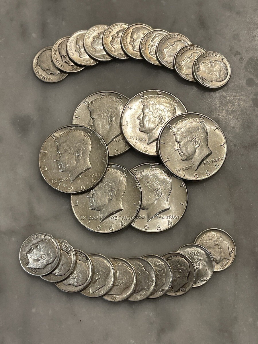 $5 Face 90% Silver 6 1964 Kennedy Half Dollar 20 Dimes - Choose