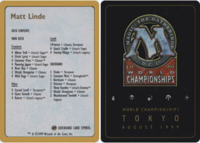 Decklist - Matt Linde - 1999 ~ Near Mint World Championship L MTG