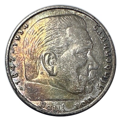1936-D Germany 5 Mark Silver - Paul Von Hindenburg - AU/UNC