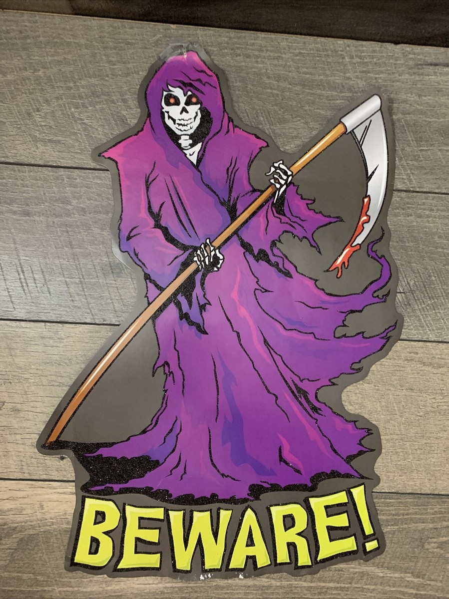 Vintage Halloween Grim Reaper BEWARE Purple Robe Death Slayer