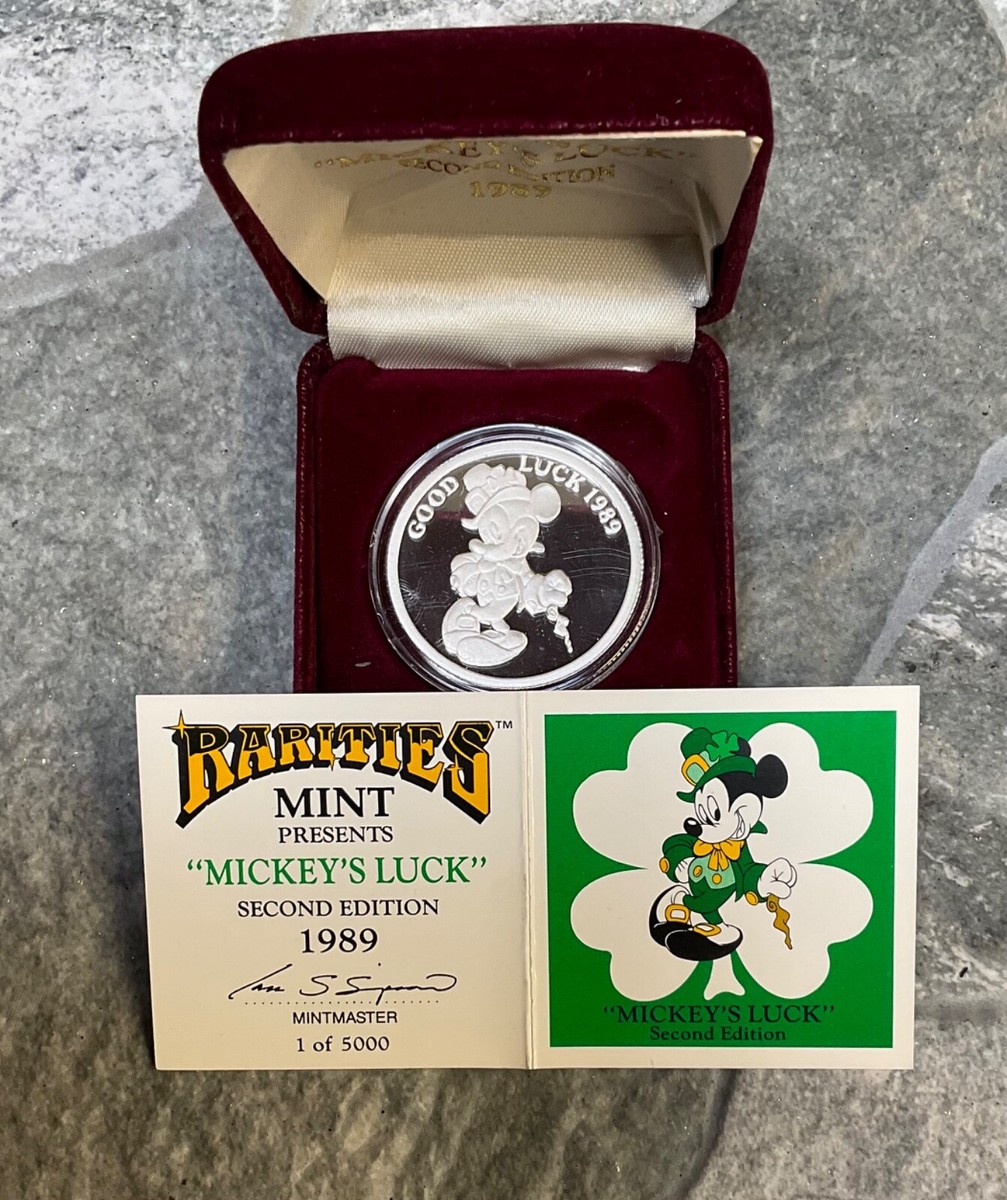 DISNEY 1989 MICKEYS LUCK One Troy oz .999 Fine Silver Irish Mouse