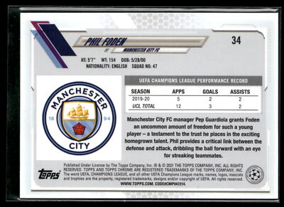 Phil Foden 2020-21 Topps Chrome Sapphire Edition UEFA Champions