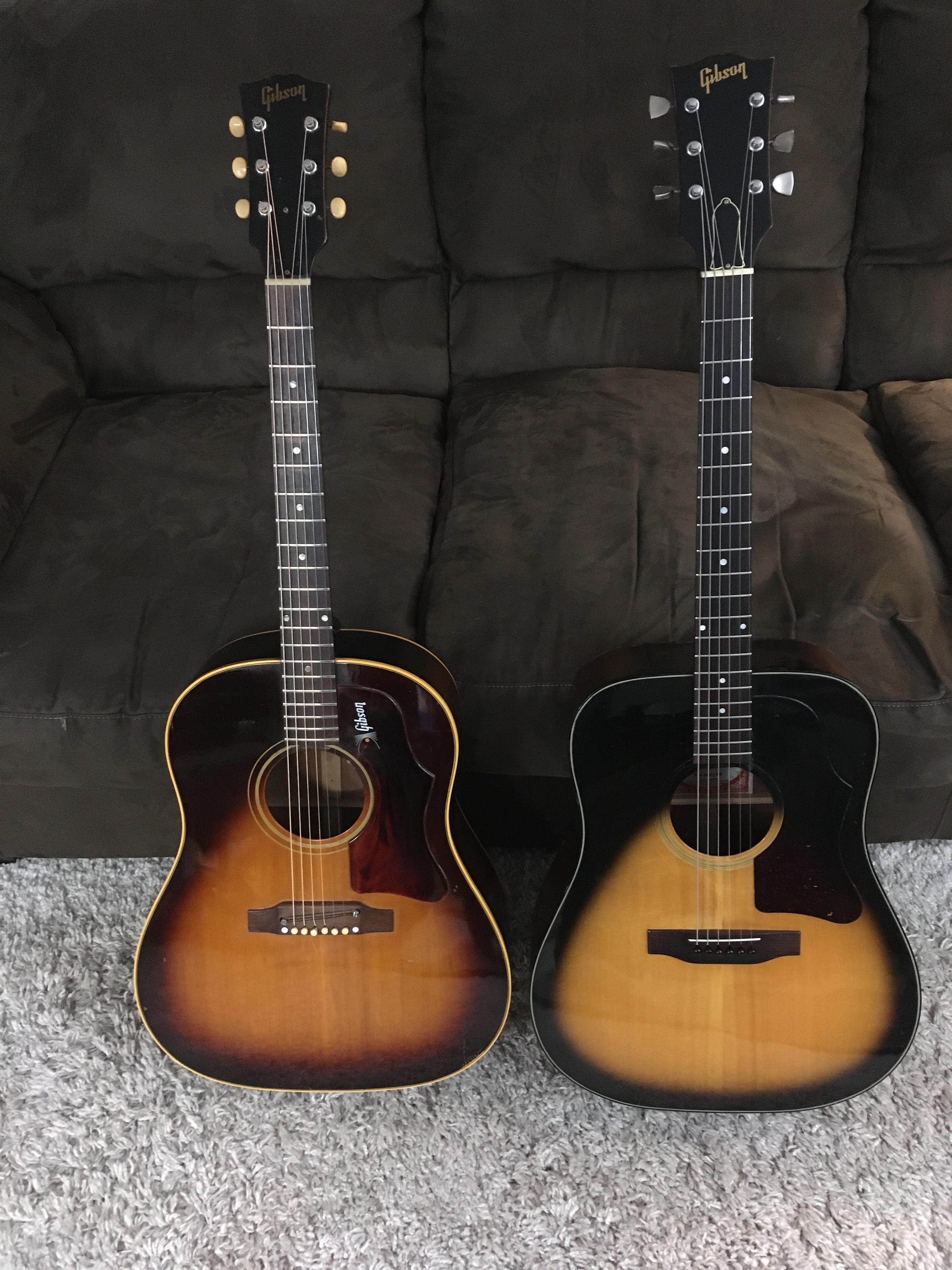 My two very different J-45s. What a difference from 1968 to 1975