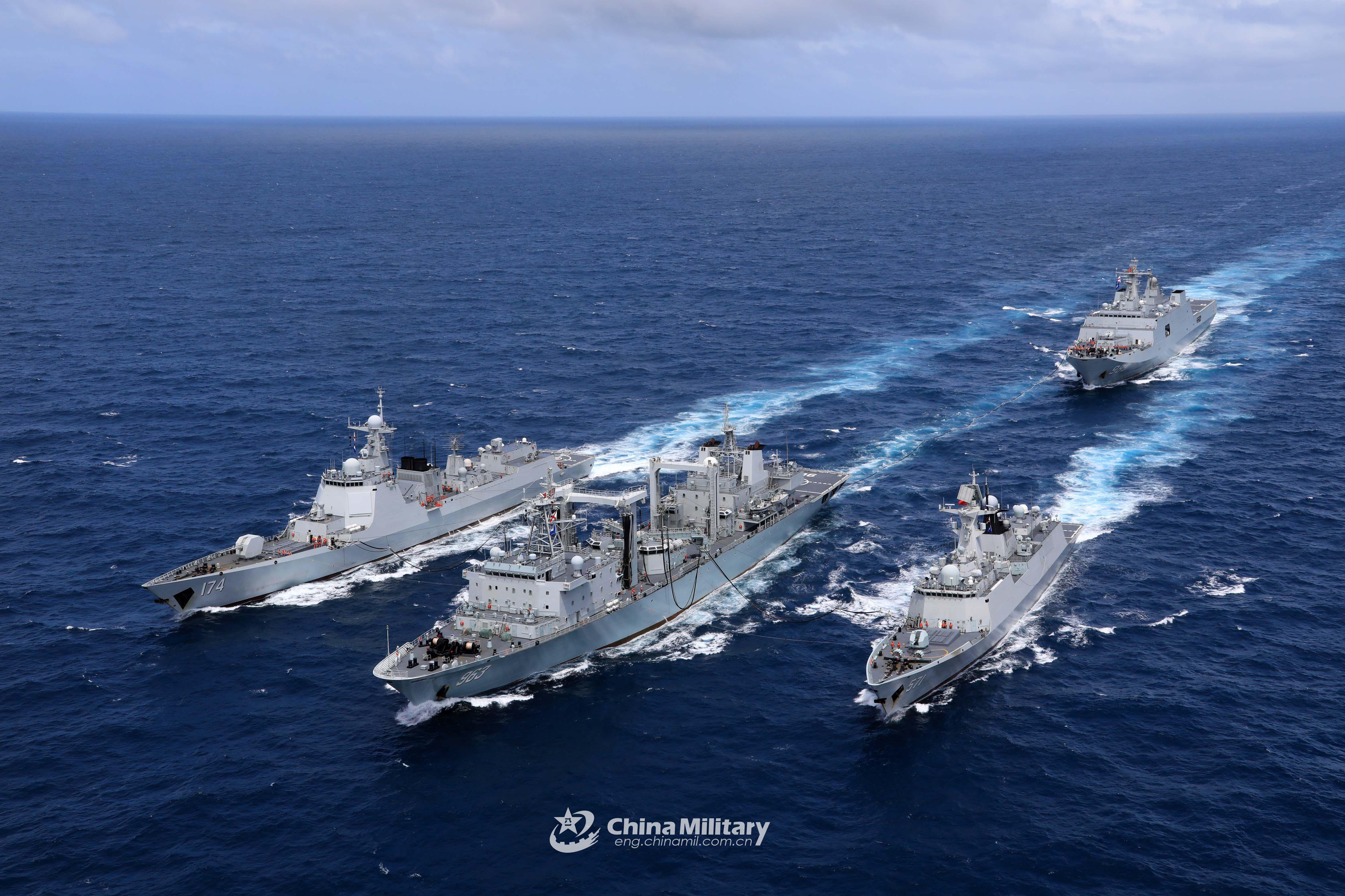 PLAN DDG-174 Hefei, AOR-963 Honghu, FFG-571 Yuncheng, and LPD-989