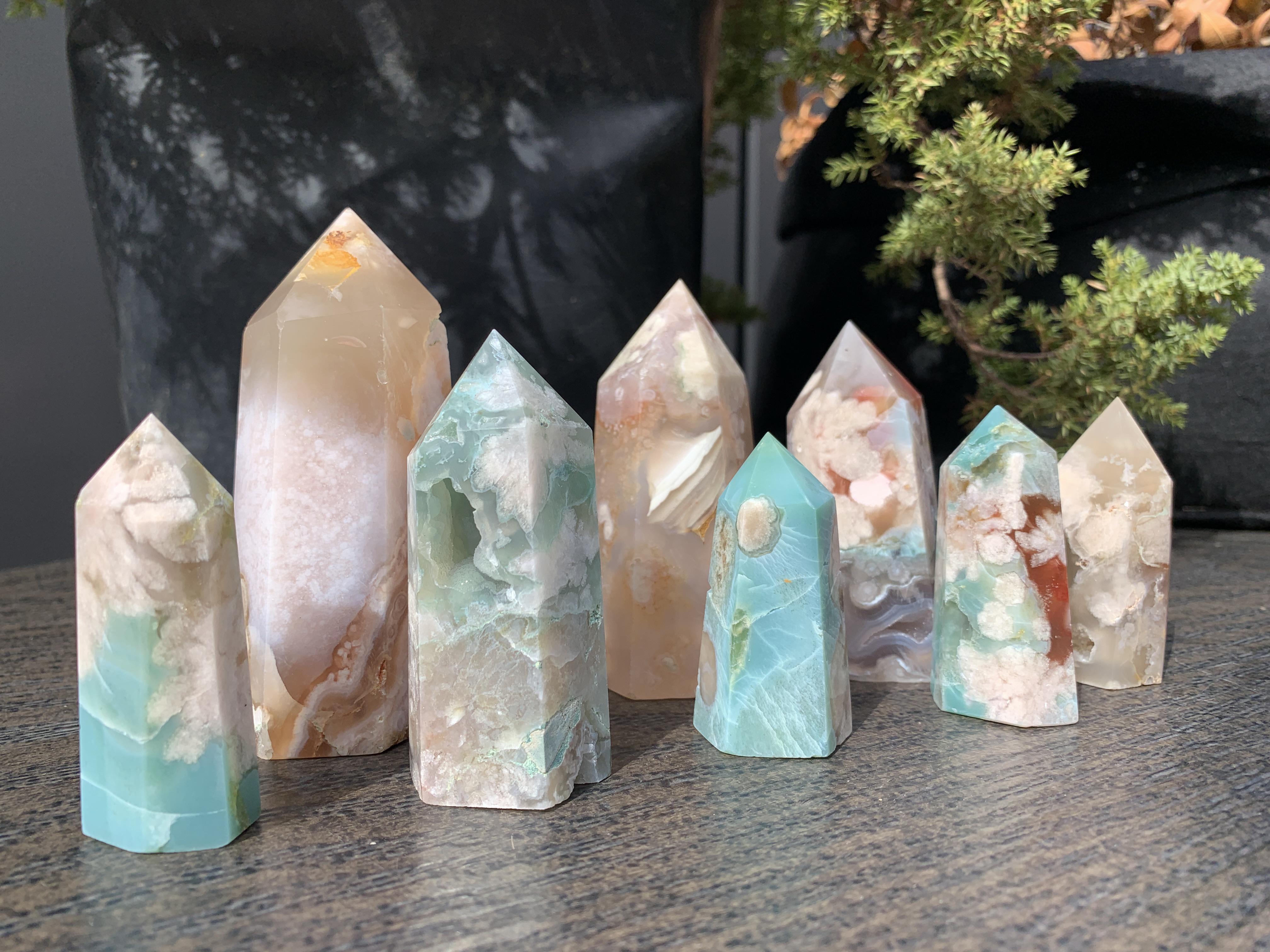 Brand new Green Flower Agate towers now in shop at Urban Jungle