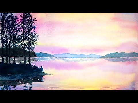 薄暮の湖 (透明水彩風景画) Lake in the twilight 【Watercolor