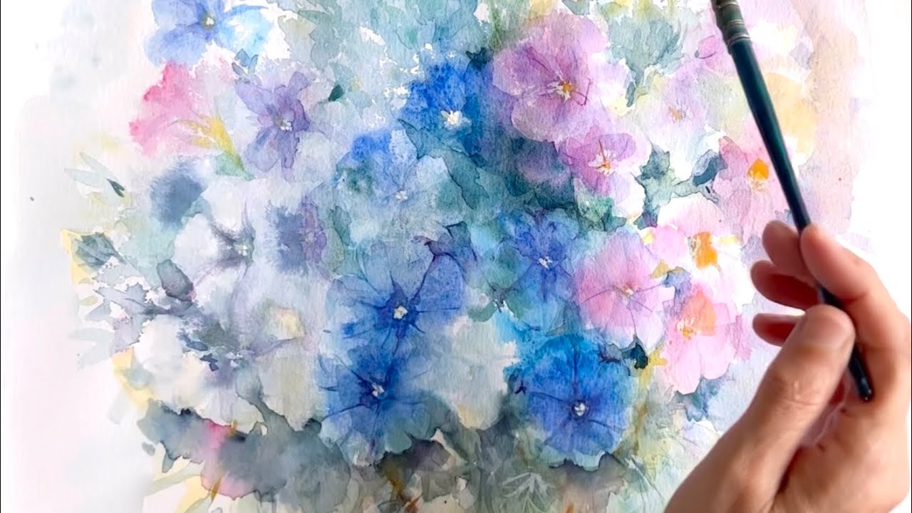 水彩画] ペチュニアの壁掛け風寄せ植えを透明水彩で描く/watercolor