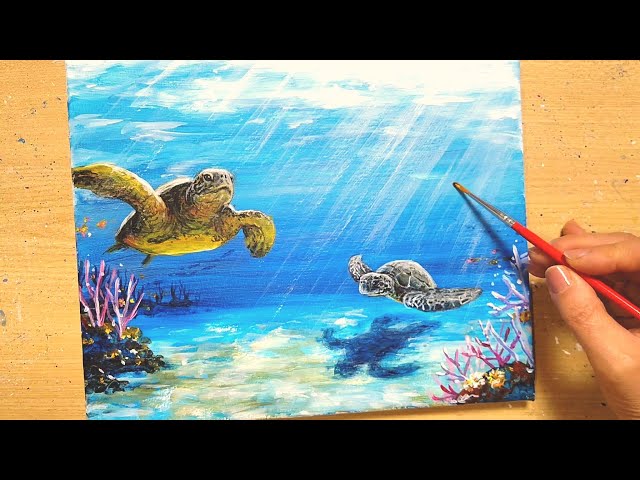 How to draw [sea turtles] with acrylic paint /Scenery in the sea