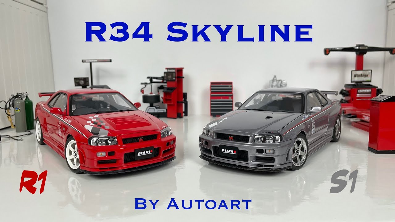 1:18 Nissan Skyline GT-R R34 by Autoart : R1 & S1 version - YouTube