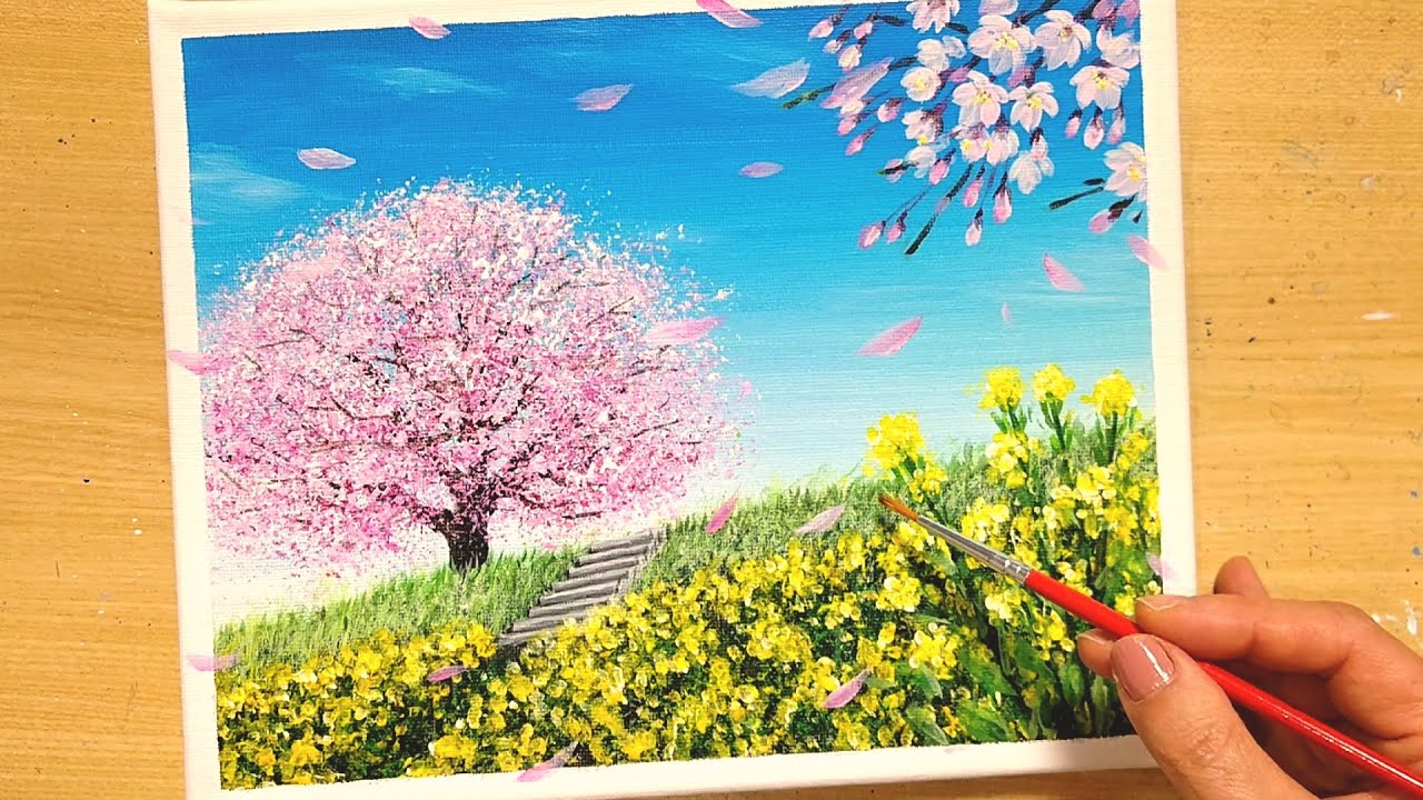 How to draw [Cherry blossoms and Canola flower] with acrylic paint