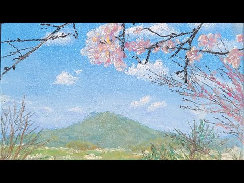 パステル画#3『笹山公園の桜と可也山』Pastel Painting 風景画 絵の