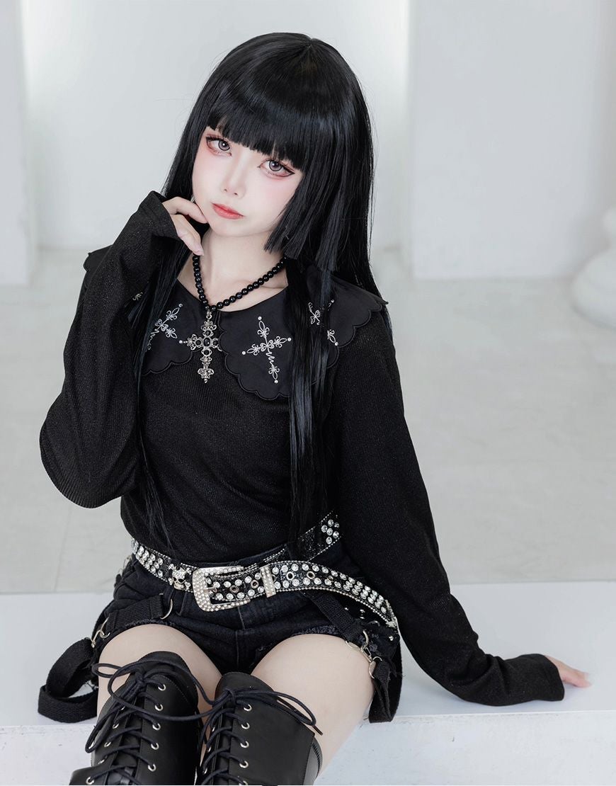 ililil【イルイルイル】地雷ちゃんのクロス刺繍キラキラリブカットソー