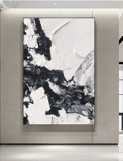 手作りの黒と白の重厚なテクスチャーの抽象油絵 キャンバス上に 3D