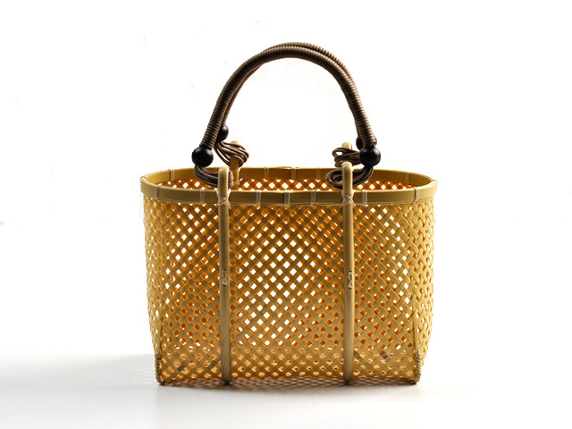 四ツ目編みバッグ ミニ/かごバッグ/竹籠/一点もの/巾着付き/女性/国産